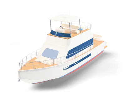 Weiße Motoryacht mit Flybridge, Hardtop, Teakdecks, blauen Fenstern und Badeplattform am Heck