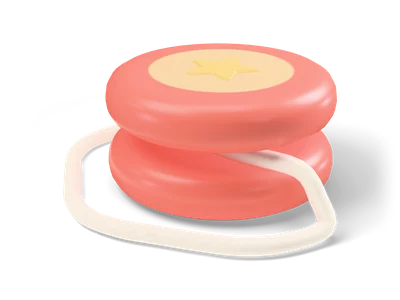 Red wooden yo-yo lying flat with a yellow star inlay and a cream string ending in a finger loop