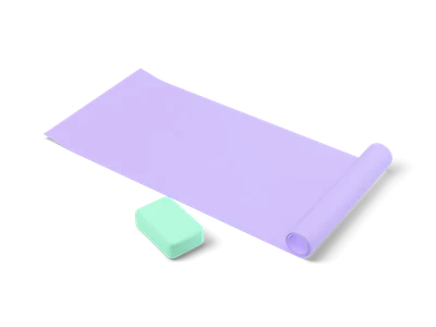 Lavender yoga mat partly rolled out with a curled end and a mint yoga block beside it
