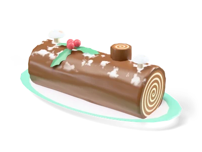 Chocolate yule log cake with swirl ends, powdered sugar, holly leaves and red berries on an oval white platter