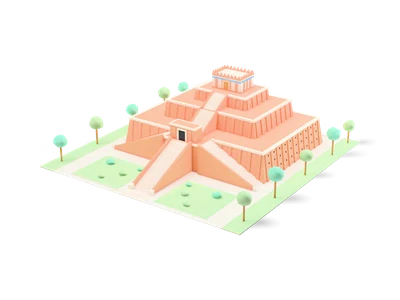 Zigurat de adobe melocotón con tres terrazas escalonadas, triple escalinata crema hasta un edificio de entrada y pequeño pabellón con franja azul