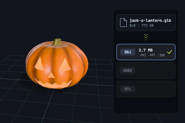3D-Konverter: eine Kürbislaterne als GLB wird zu OBJ, USDZ und STL umgewandelt, jedes Ergebnis in 3D mit Dateigröße