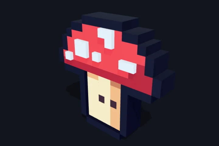 Draw to 3D: ein Pixel-Pilz wird gezeichnet, kippt in 3D und wechselt von Voxel zu Rounded zu Inflate