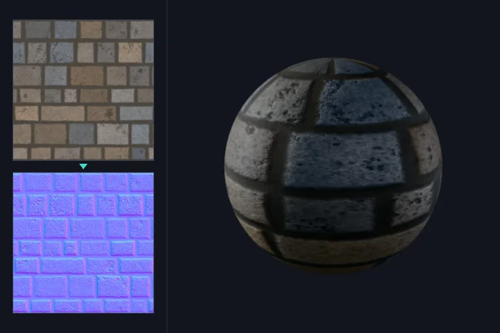 Normal Map Generator: aus einem Mauerfoto wird eine Normal Map auf einer beleuchteten Kugel