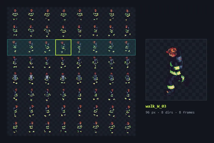 Sprite-Sheet-Generator: ein Walk-Zyklus einer Feuerwehrfrau aus 8 Richtungen in Pixel-Art